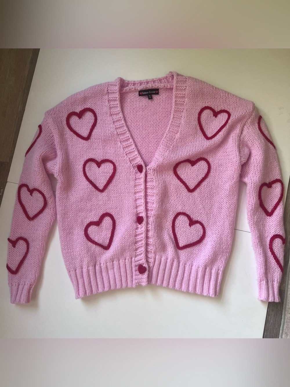 Pink Heart-Pattern Cardigan Sweater - Feminine V-Neck Button-Up